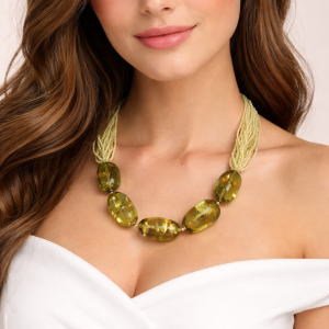 Collana Ambra Verde E Zirconi Gioiello Artigianale Di Lusso