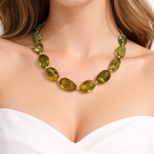 Collana Ambra Verde Naturale In Argento Dorato