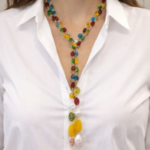 Collana Tormaline Multicolore E Perle Lunga 134 Cm
