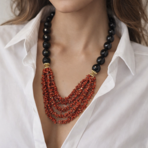 Collana Onice E Corallo Naturale Del Mediterraneo Multifilo
