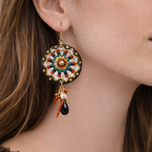 Orecchini Ruota Carretto Siciliano In Ceramica Con Corallo e Perle