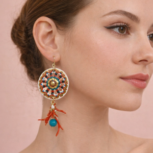 Orecchini Siciliani Con Corallo E Perle Con Ruote In Ceramica