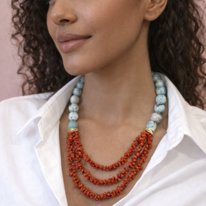 Collana Larimar E Corallo Naturale Rosso - Gioiello Artigianale