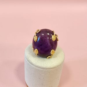 Anello Regolabile Con Ametista Naturale In Ottone Dorato