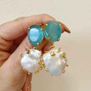 Orecchini Perle Barocche E Pietra Occhio Di Gatto Azzurra