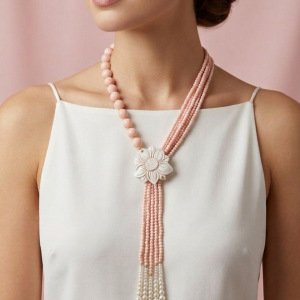 Collana Corallo Rosa Con Cammeo A Fiore Elegante