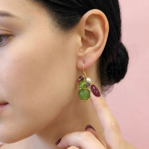 Orecchini Peridoto Ametista E Perla In Argento Dorato