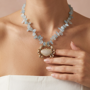 Collana Acquamarina Con Granchio Dorato Con Zirconi