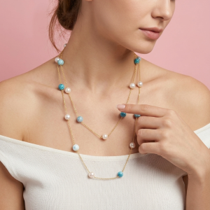 Collana Lunga Perle E Larimar Elegante Multigiro
