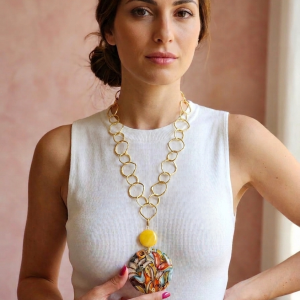 Collana Ceramica Caltagirone Con Giada Gialla Su Catena Larga