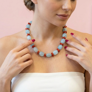 Collana Acquamarina E Corallo Rosso Naturale Elegante