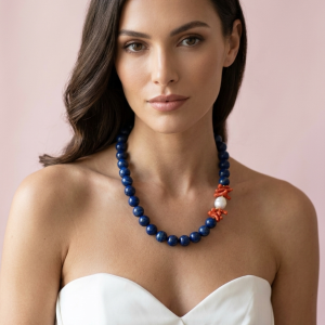 Collana Lapislazzuli Corallo E Perla Barocca Artigianale Elegante