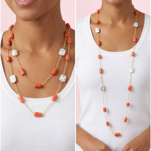Collana Lunga Perle E Corallo Bamboo Elegante Multigiro