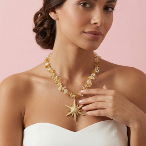 Collana Quarzo Citrino Con Sole Dorato E Zirconi