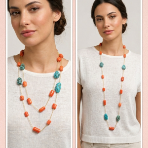 Collana Turchese e Corallo Bamboo Lunga - Fascino Mediterraneo