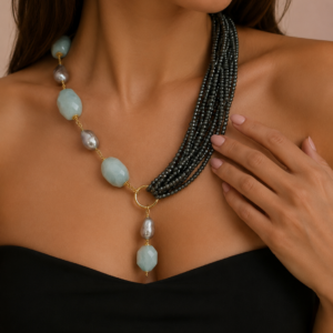 Collana Perle Grigie E Acquamarina Elegante E Luminosa