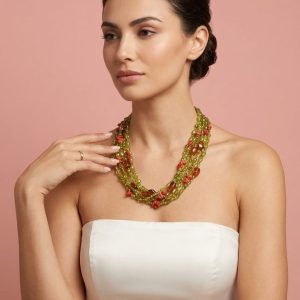 Collana Tormalina Corallo E Ambra Multifilo Elegante Scenografico