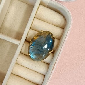 Anello Labradorite Naturale In Argento Dorato Regolabile
