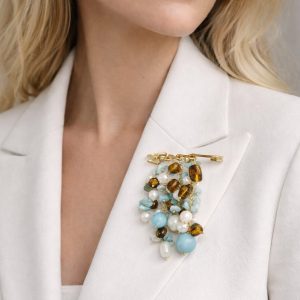 Spilla Ambra Perle Larimar – Gioiello Artigianale Unico