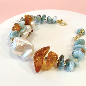 Bracciale Larimar Perle E Ambra Naturale Eleganza Artigianale