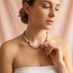 Collana Larimar E Corallo Rosso Naturale Elegante