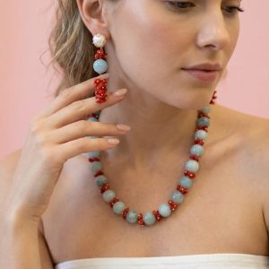 Coordinato Acquamarina e Corallo Elegante Artigianale