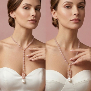 Collana Lariat Quarzo Rosa Artigianale Con Perla Barocca