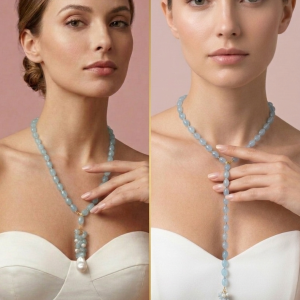Lariat Quarzo Acquamarina Con Perla Barocca Collana Elegante