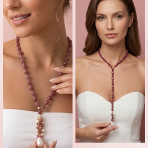 Lariat Quarzo Fragola Con Perla Barocca Collana Elegante