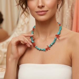 Collana Girocollo Con Turchese E Corallo