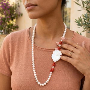 Collana Perle E Cuore Sacro Con Corallo Naturale