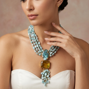 Collana Larimar Ambra Multifilo Con Ciondolo Gioiello
