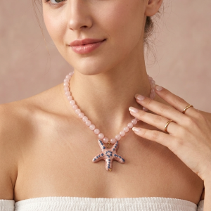 Collana Quarzo Rosa Con Stella Marina In Ceramica Siciliana