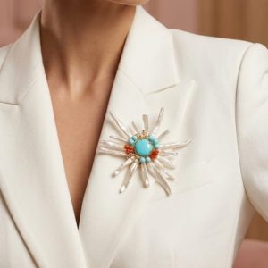 Spilla Perle Keshi E Turchese Con Corallo - Fascino Mediterraneo