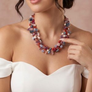 Collana Pietre Naturali Multifilo Con Corallo E Perle