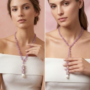 Collana Lariat Quarzo Lilla – Eleganza Versatile Con Perla Barocca