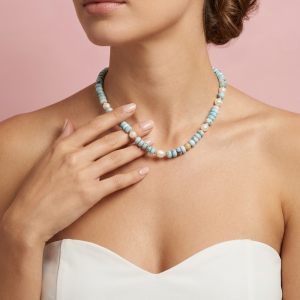 Collana Larimar Naturale Con Perle