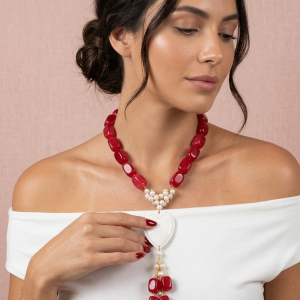 Cuore Sacro Con Giada Rosso Fragola E Perle Naturali