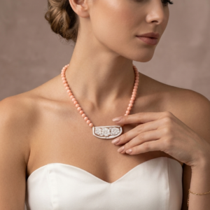 Collana Cammeo Con Corallo Rosa - Incisione Floreale Artigianale