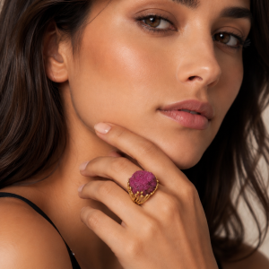 Anello Agata Grezza Fucsia – Design Scultoreo In Ottone Dorato