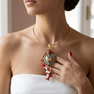 Ciondolo Cuore Sacro in Ceramica con Corallo Naturale e Perle