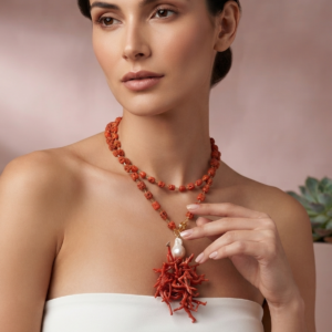 Collana Lunga Corallo Naturale con Grande Ciondolo Artigianale