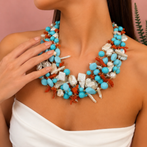 Multifilo Turchese Corallo e Perle - Collana Artigianale a 5 Fili