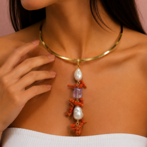 Ciondolo con Perle Barocche e Ametista Con Corallo Naturale