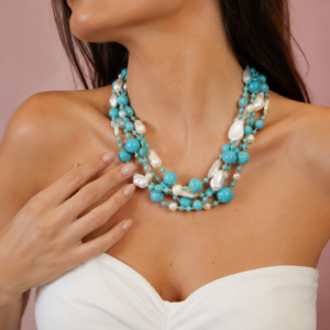 Collana Multifilo Turchese e Perle Naturali
