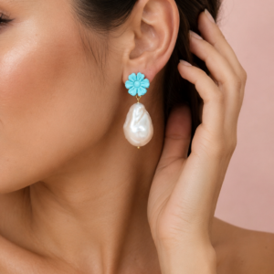 Orecchini Fiore Turchese con Perla Barocca Pendente