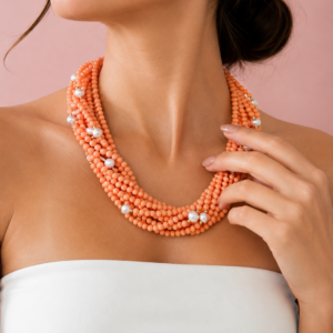 Collana Multifilo Corallo Bamboo con Perle Naturali