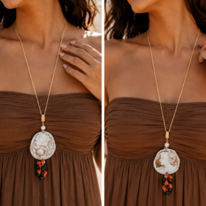 Collana con Ciondolo Cammeo, Corallo e Pietre Naturali