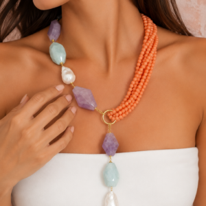 Collana Corallo con Ametista e Acquamarina e Perle Barocche