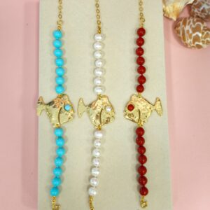 Bracciale Pesciolino in Ottone con Perle, Corallo o Turchese